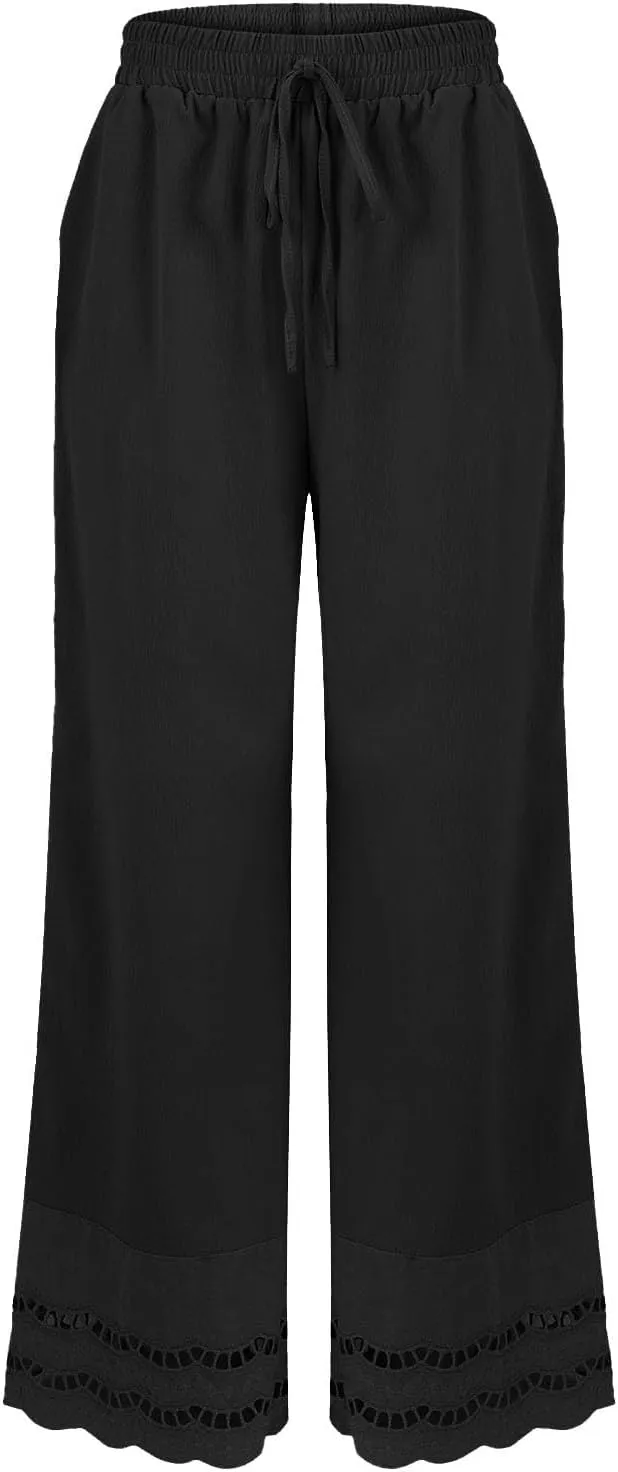 Linen Pants Women Wide Leg Cropped Lounge Trousers Drawstring Elastic Waist Summer Boho Palazzo Flowy Pant Outfits