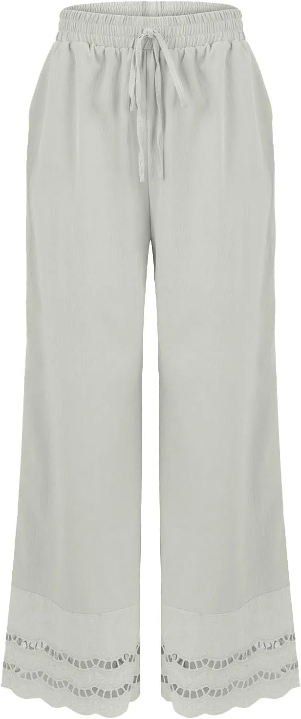 Linen Pants Women Wide Leg Cropped Lounge Trousers Drawstring Elastic Waist Summer Boho Palazzo Flowy Pant Outfits