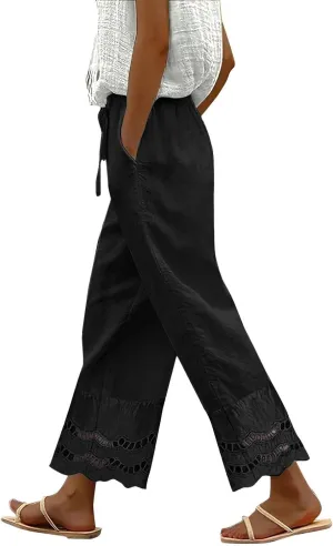 Linen Pants Women Wide Leg Cropped Lounge Trousers Drawstring Elastic Waist Summer Boho Palazzo Flowy Pant Outfits