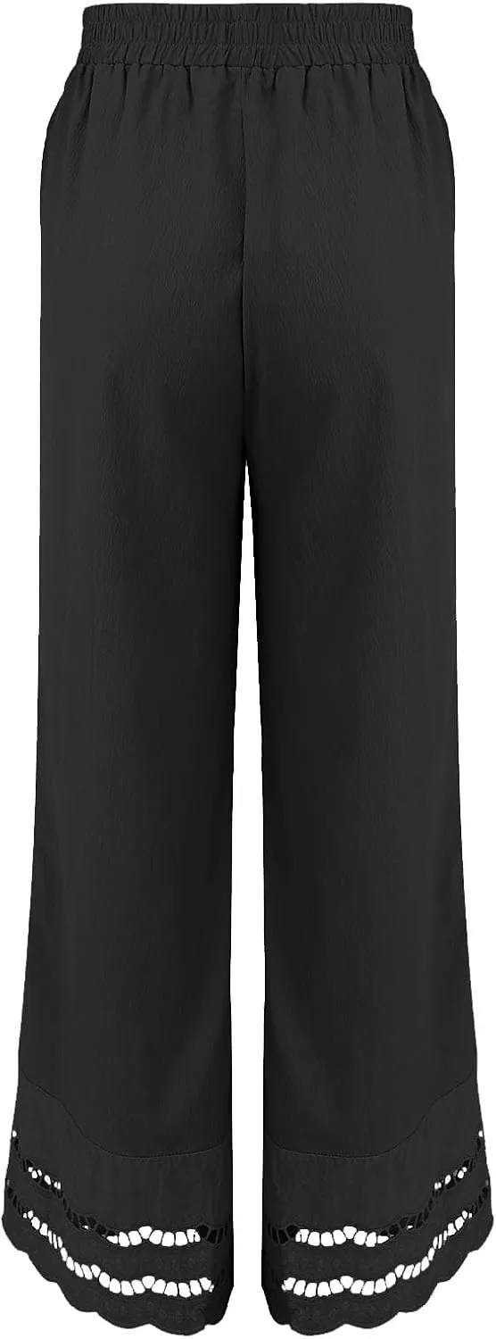 Linen Pants Women Wide Leg Cropped Lounge Trousers Drawstring Elastic Waist Summer Boho Palazzo Flowy Pant Outfits