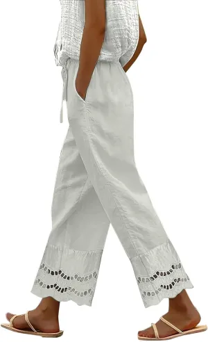 Linen Pants Women Wide Leg Cropped Lounge Trousers Drawstring Elastic Waist Summer Boho Palazzo Flowy Pant Outfits