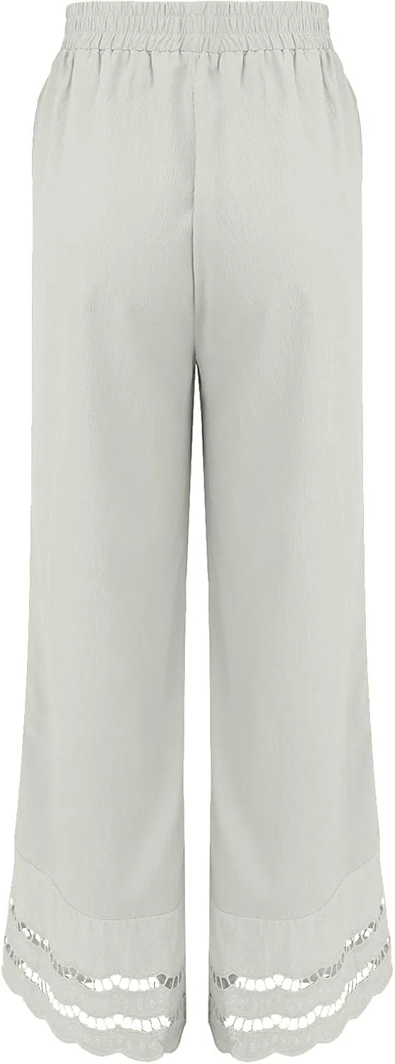Linen Pants Women Wide Leg Cropped Lounge Trousers Drawstring Elastic Waist Summer Boho Palazzo Flowy Pant Outfits