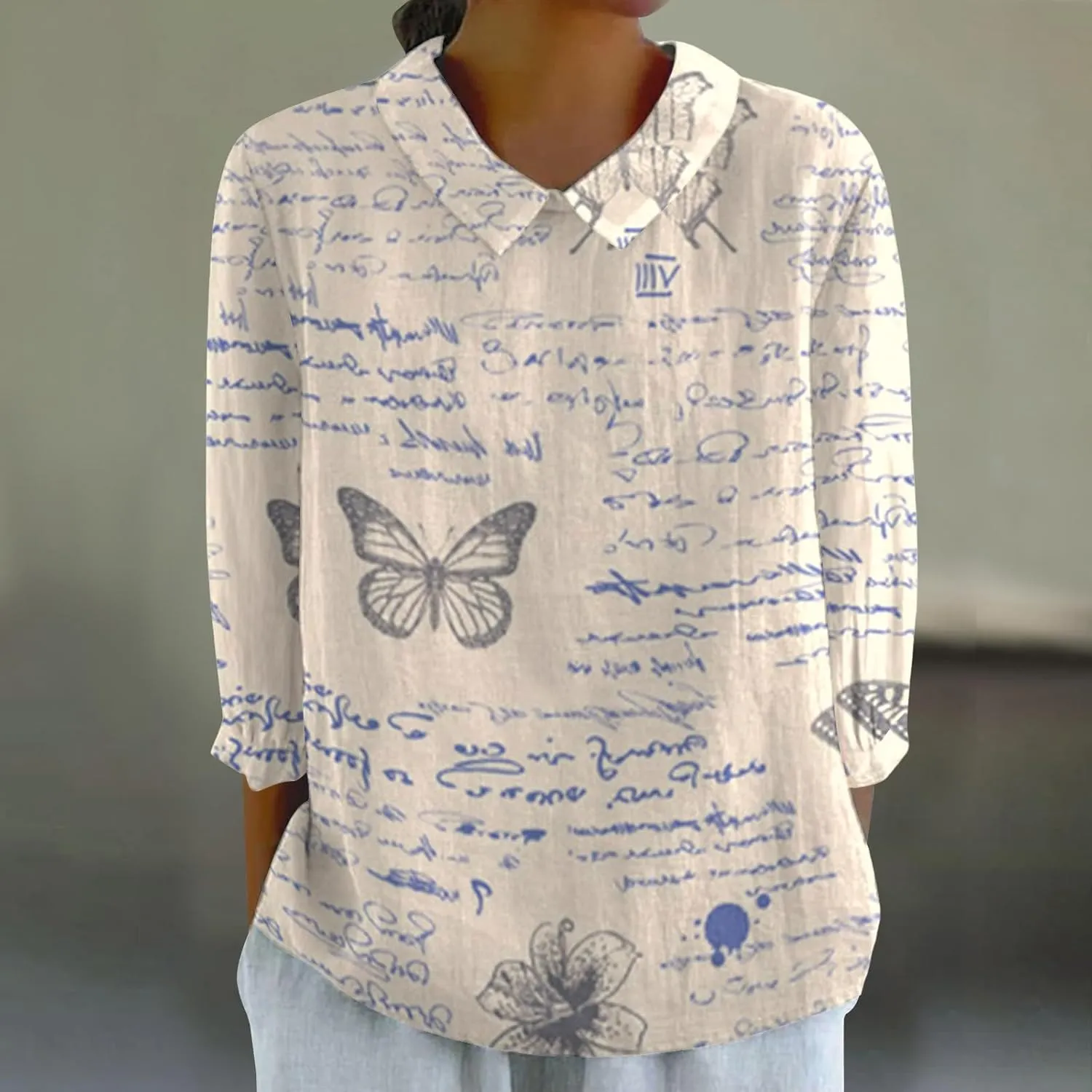 Linen Shirts for Women 3/4 Sleeve Peter Pan Collar Tops Casual Dressy Loose Fit Blouses Cotton Linen Shirts
