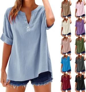 Linen Shirts for Women Dressy Casual 2025 Short Sleeve v Neck Tunic Tops Loose Summer Blouses Trendy