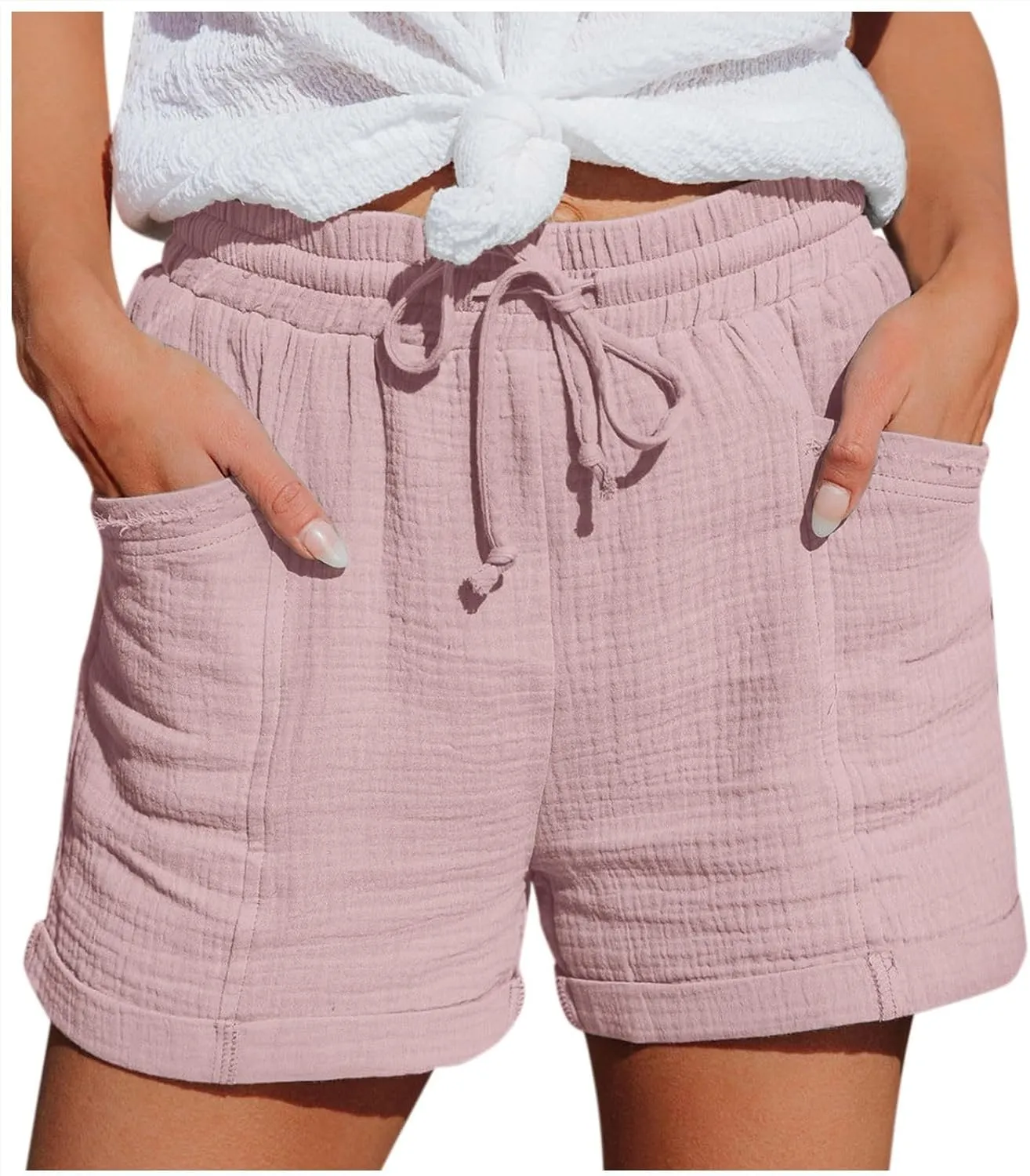 Linen Shorts for Women Plus Size Summer Trendy 2024 Self Tie Waist Casual Shorts Loose Drawstring Beach Shorts with Pockets