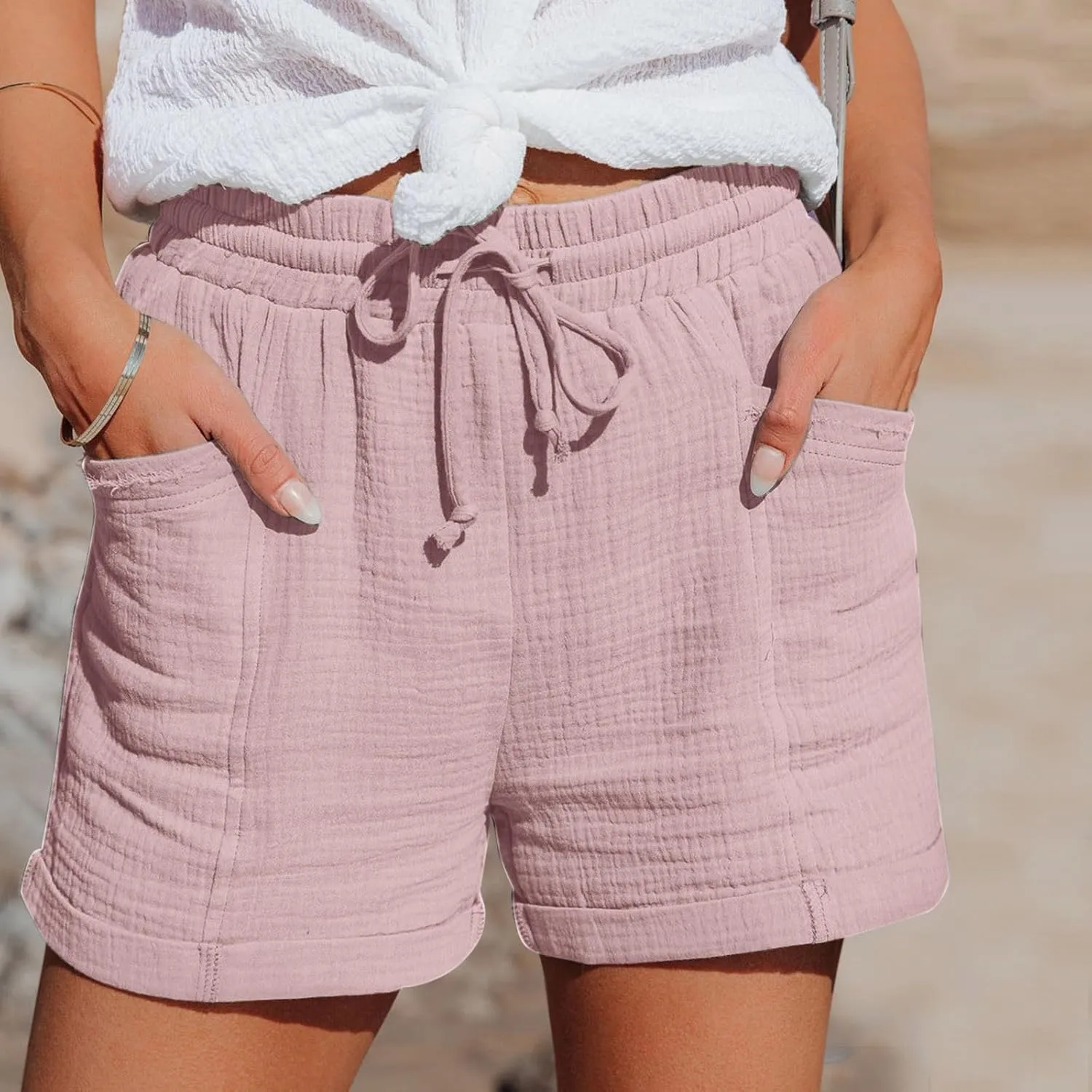 Linen Shorts for Women Plus Size Summer Trendy 2024 Self Tie Waist Casual Shorts Loose Drawstring Beach Shorts with Pockets