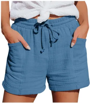 Linen Shorts for Women Plus Size Summer Trendy 2024 Self Tie Waist Casual Shorts Loose Drawstring Beach Shorts with Pockets