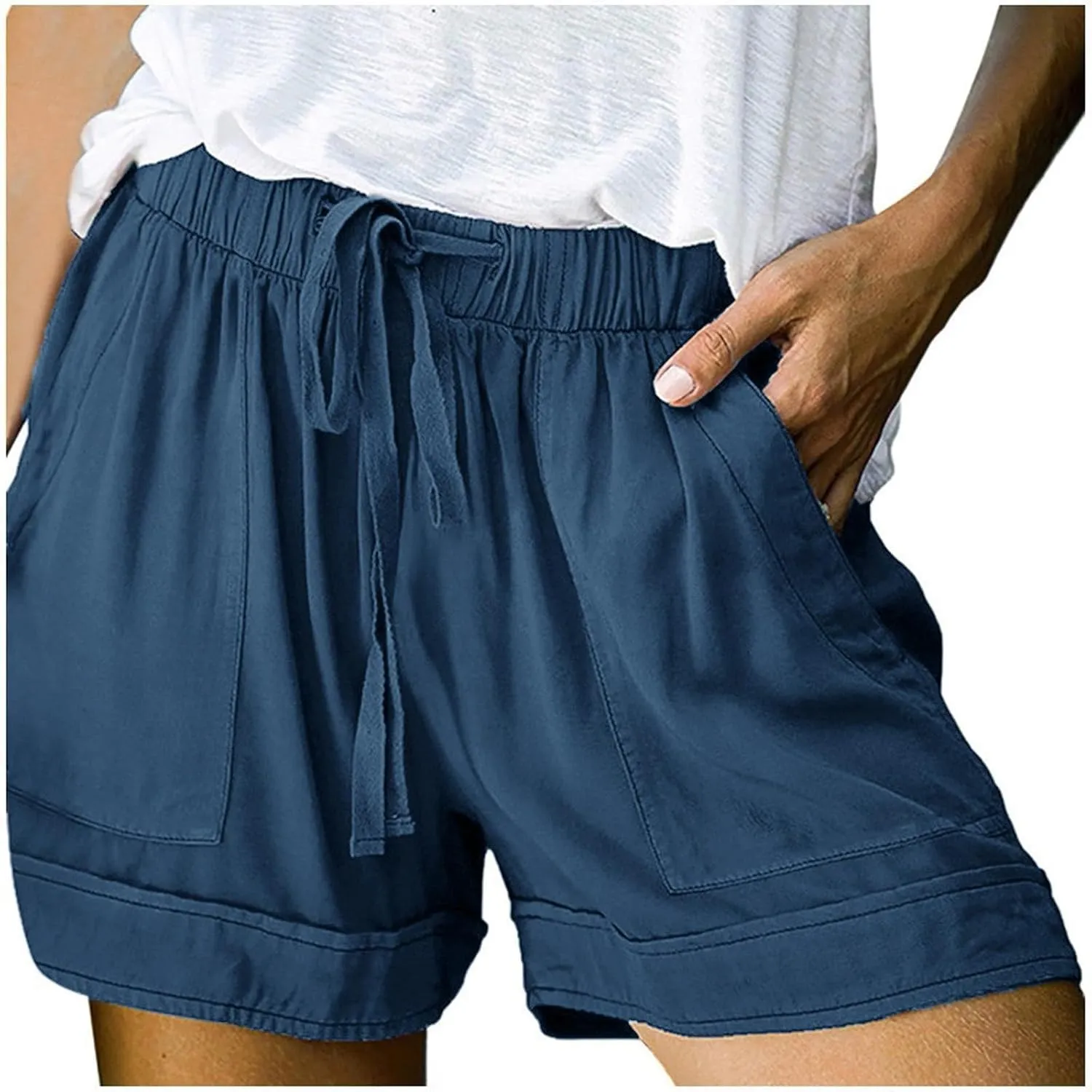 Linen Shorts for Women with Pockets Drawstring Elastic High Waist Pants Casual Plus Size Shorts Summer Beach Shorts