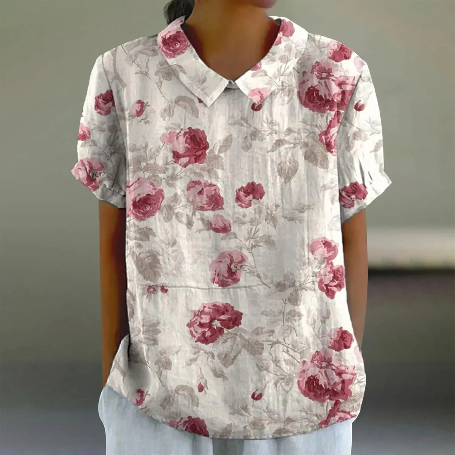 Linen Tops for Women Summer Peterr Pan Collar Puff Short Sleeve Shirts Linen Loose Large Size Thin Lapel Shirt Short
