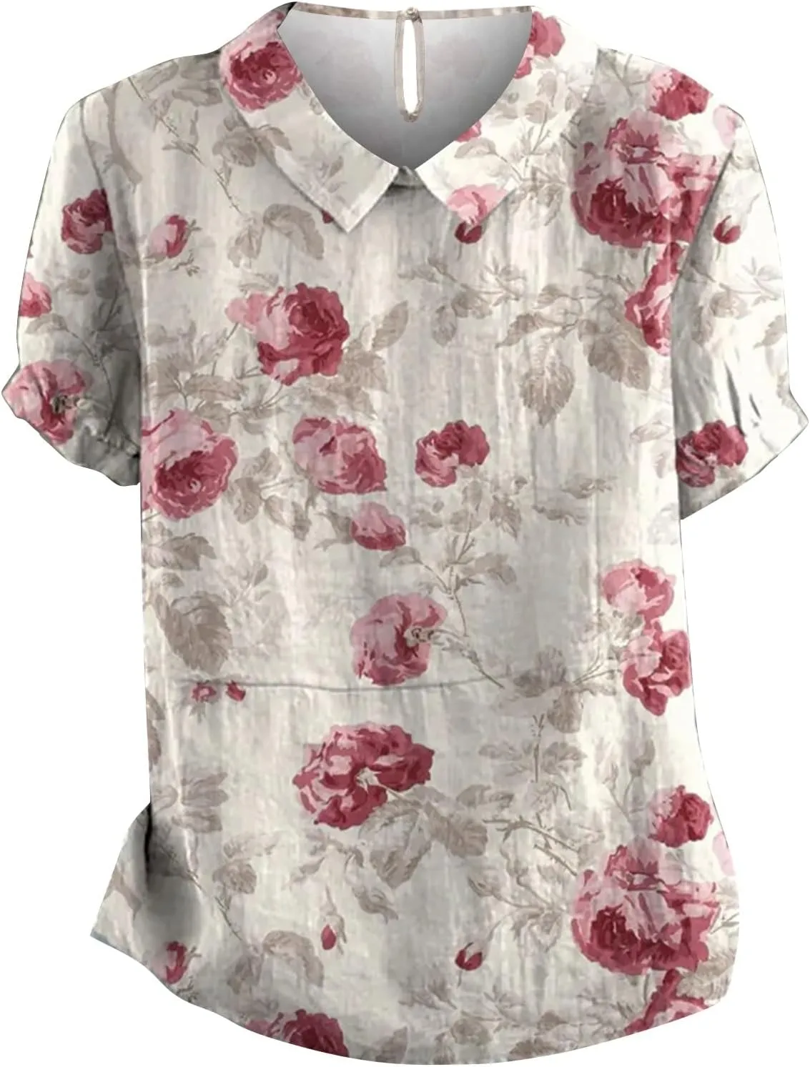 Linen Tops for Women Summer Peterr Pan Collar Puff Short Sleeve Shirts Linen Loose Large Size Thin Lapel Shirt Short