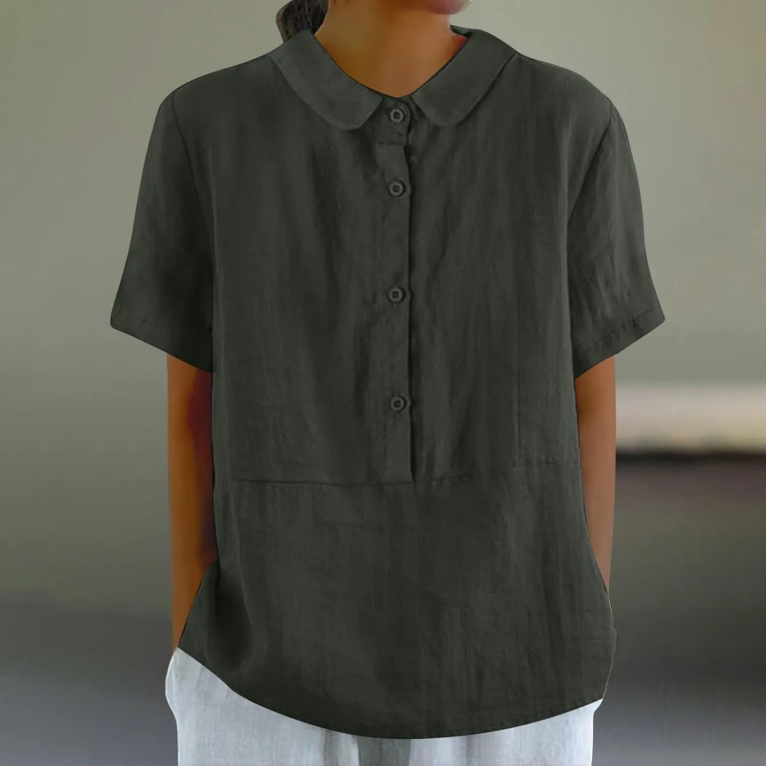 Linen Tops Teen Girls T Shirts Short Sleeve Button Down Up Shirt Casual Collared V Neck Tops Shirts Short Sleeve Linen