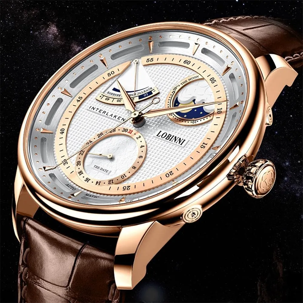 LOBINNI Men's Moon Phase Mechanical Automatic Watch Waterproof Wrist Dress Fashion Luxury Watches for Men