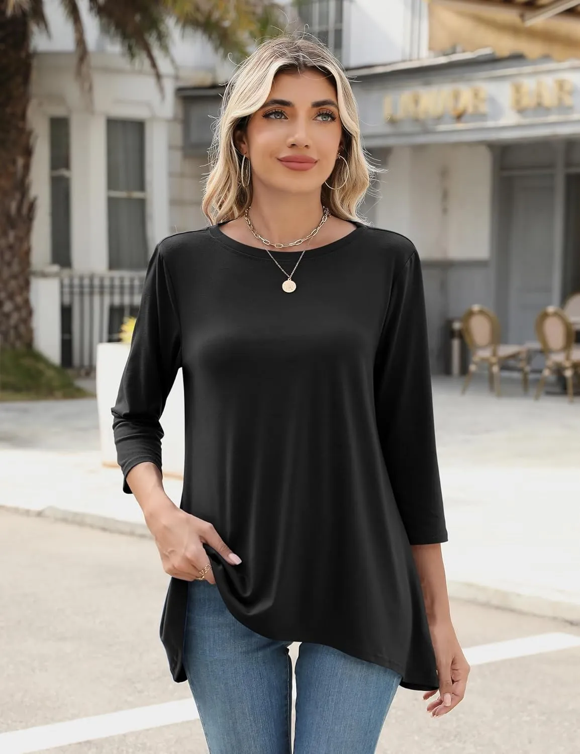 LOMON 3/4 Sleeve Tunic Tops for Women Loose Fit Dressy Casual Blouse Flowy Shirts to Wear with Leggings S-3XL