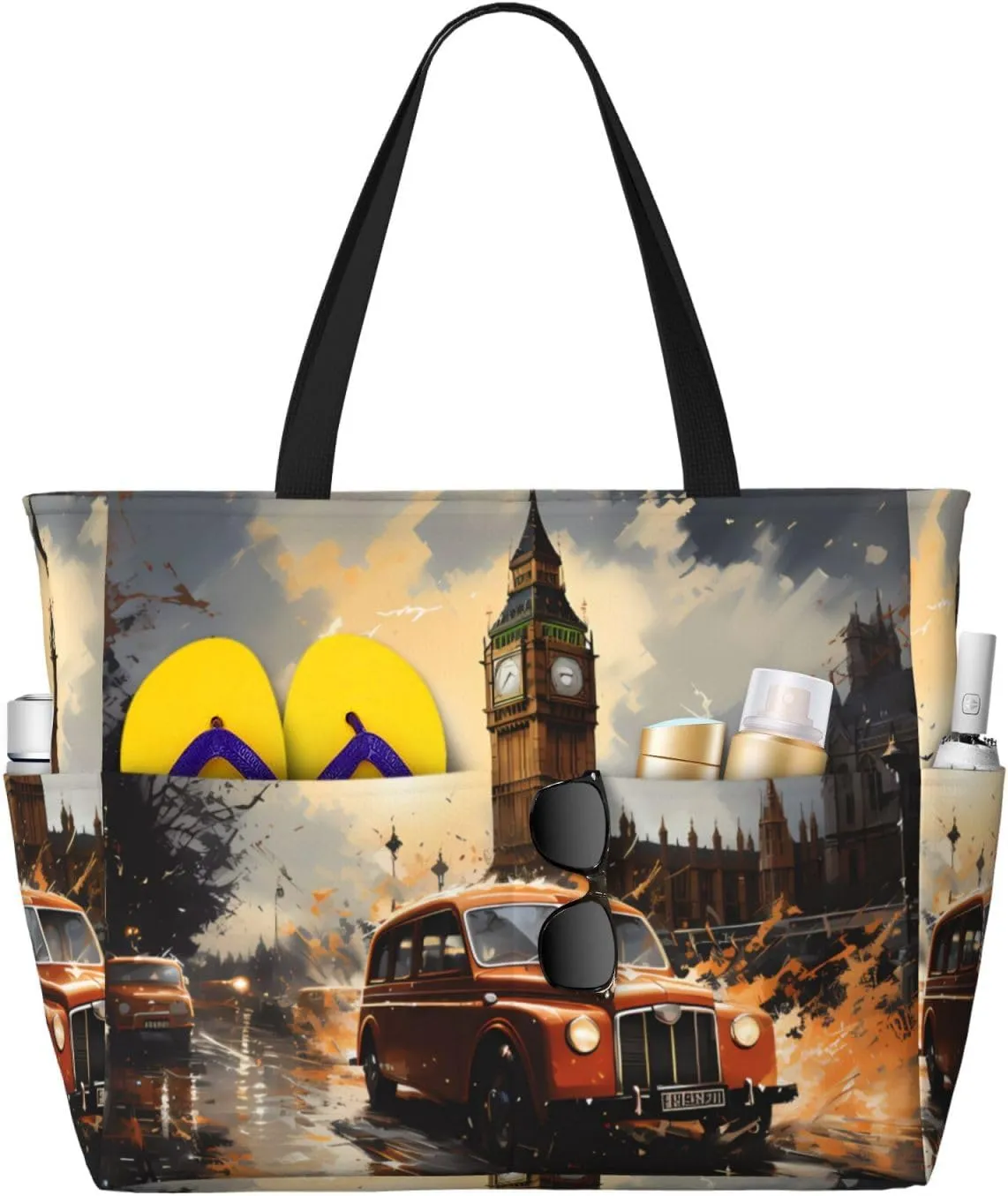 London Color Taxi Print 28L Large Beach Tote Bag, 7 Pockets Waterproof Travel Shoulder Bag, Gym Oversized Tote