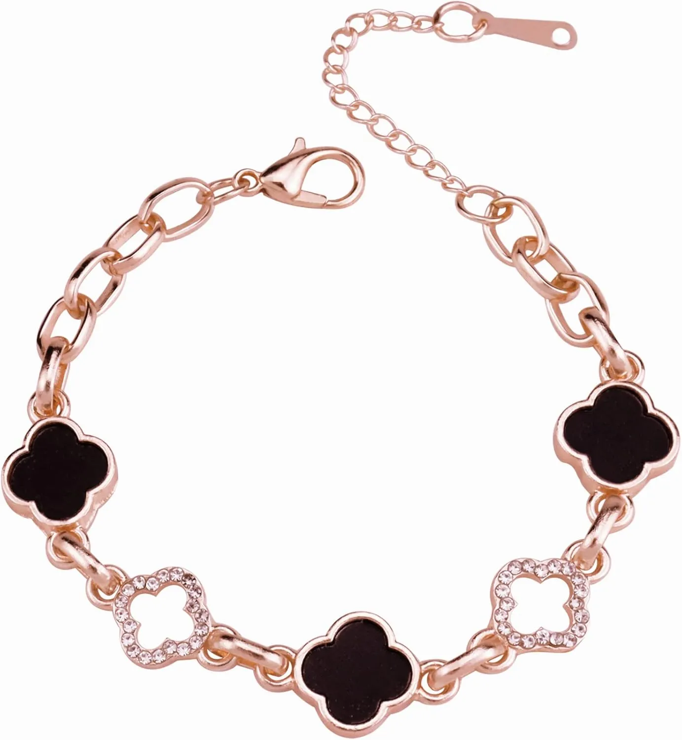 Lucky Clover Bracelet, Adjustable Four Leaf Charm Bracelet Link Metal Cute Jewelry Rhinestone Clover Chain Bracelet for Women Mother's Day Christmas Gift