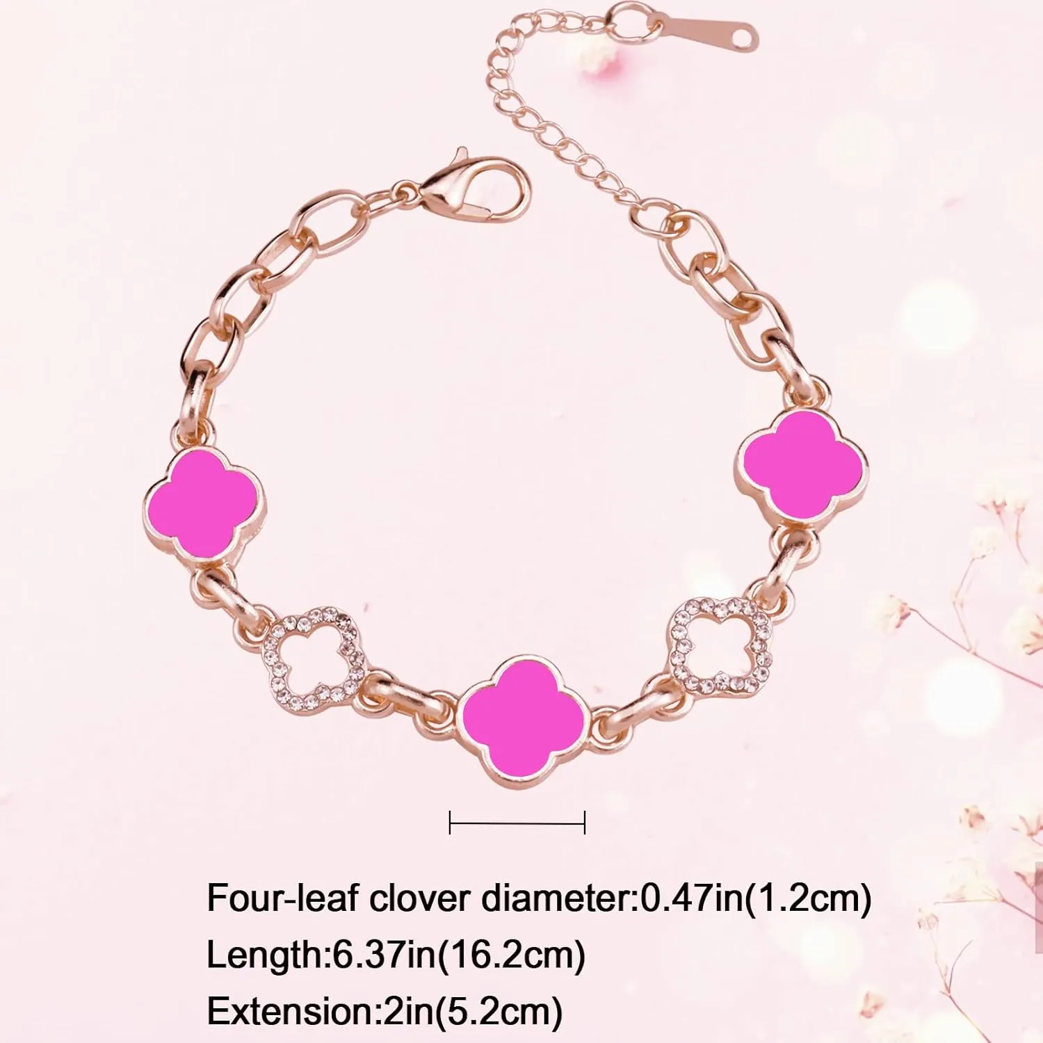 Lucky Clover Bracelet, Adjustable Four Leaf Charm Bracelet Link Metal Cute Jewelry Rhinestone Clover Chain Bracelet for Women Mother's Day Christmas Gift