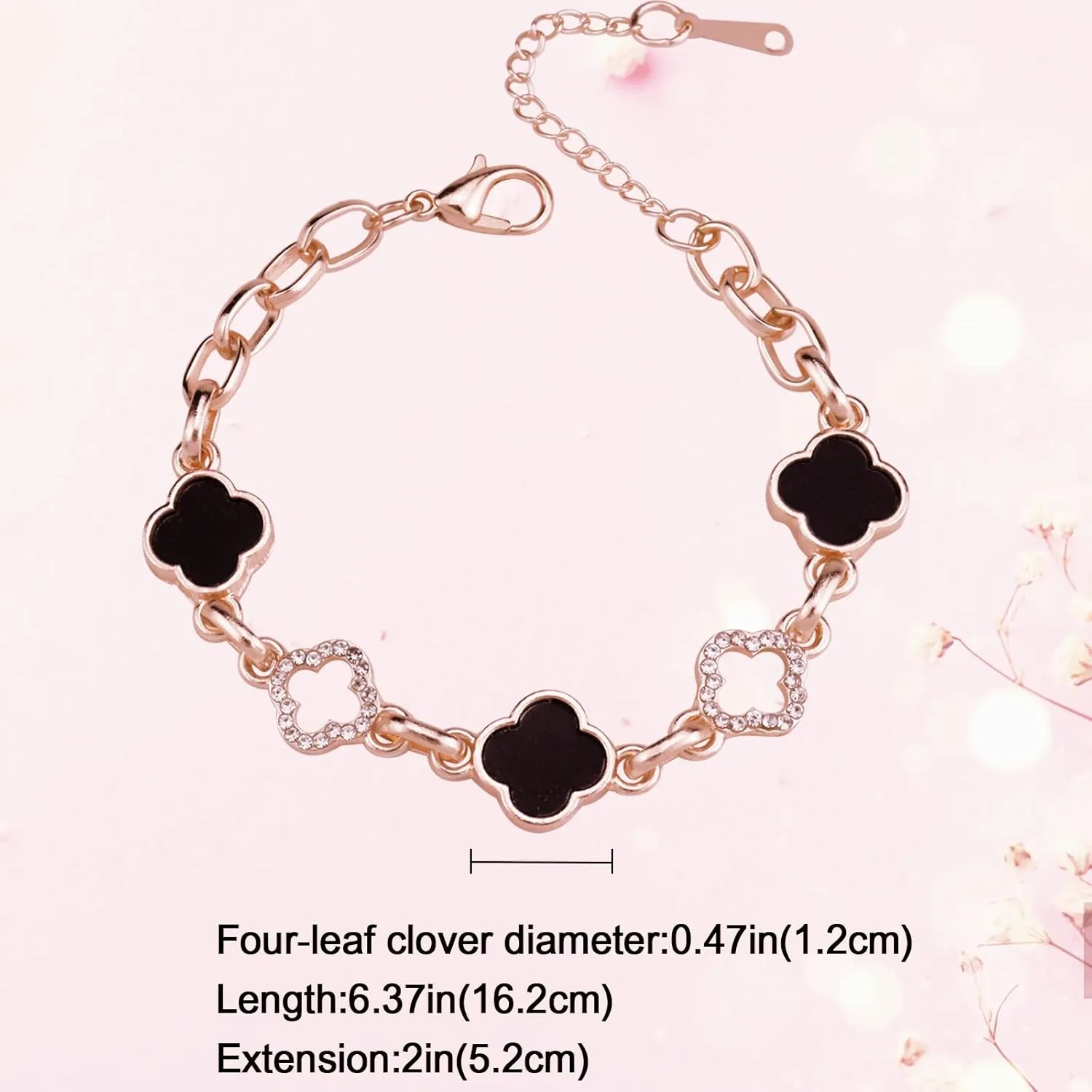 Lucky Clover Bracelet, Adjustable Four Leaf Charm Bracelet Link Metal Cute Jewelry Rhinestone Clover Chain Bracelet for Women Mother's Day Christmas Gift