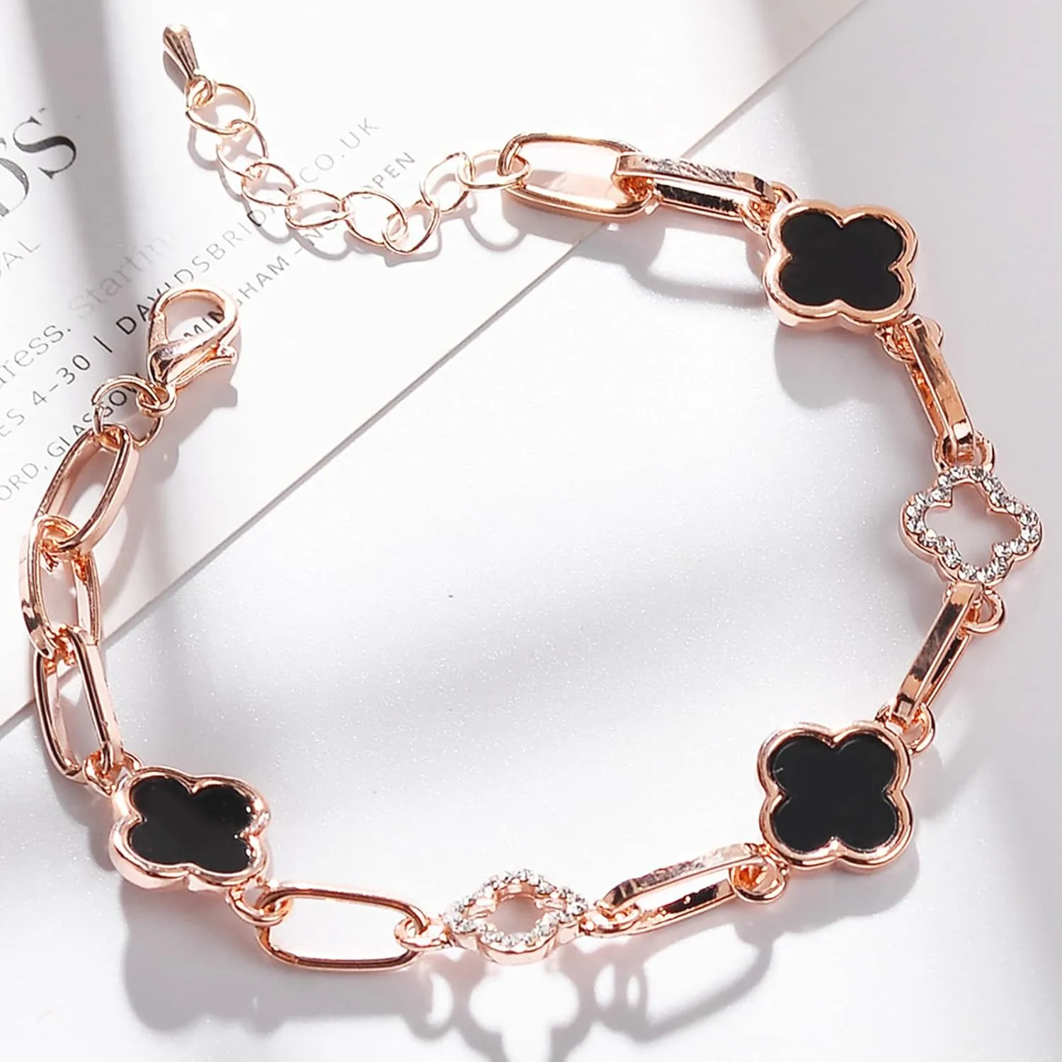 Lucky Clover Bracelet, Adjustable Four Leaf Charm Bracelet Link Metal Cute Jewelry Rhinestone Clover Chain Bracelet for Women Mother's Day Christmas Gift
