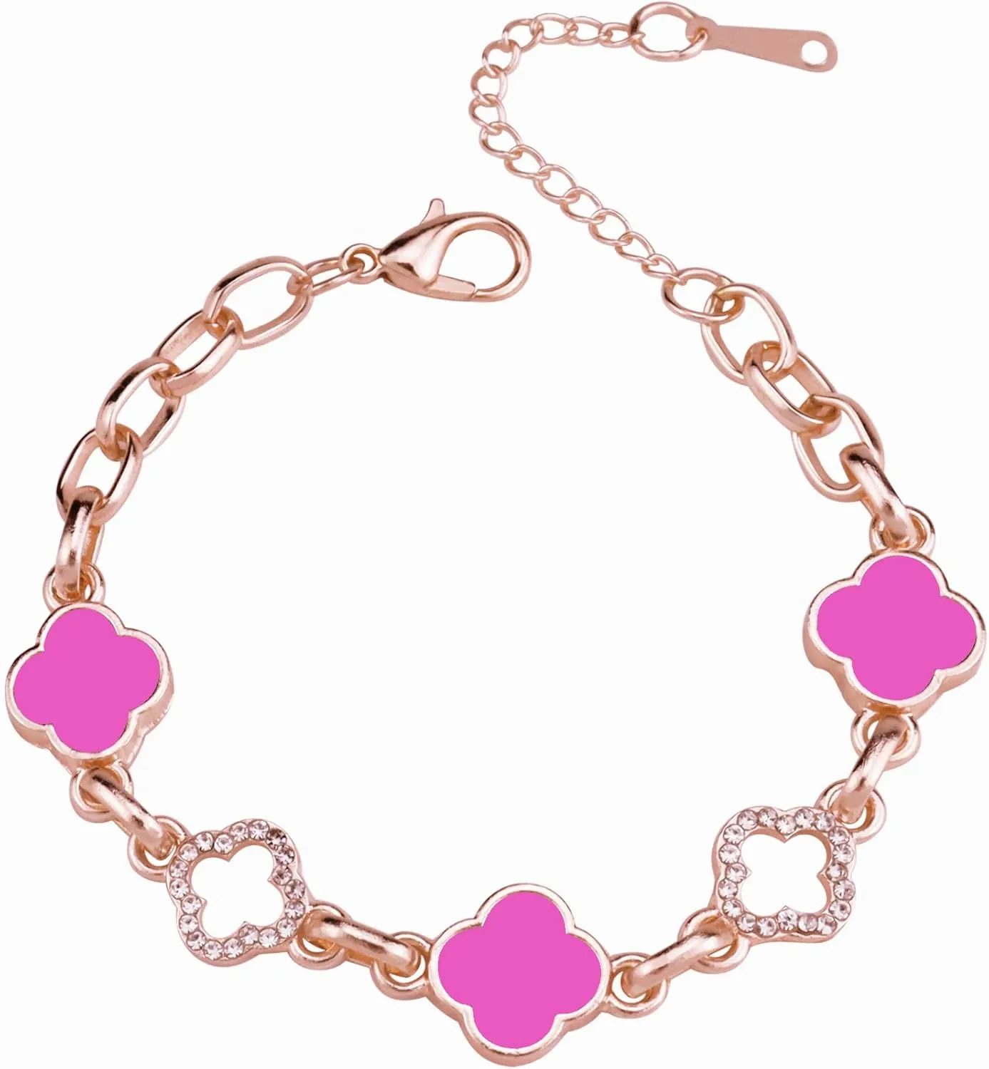 Lucky Clover Bracelet, Adjustable Four Leaf Charm Bracelet Link Metal Cute Jewelry Rhinestone Clover Chain Bracelet for Women Mother's Day Christmas Gift