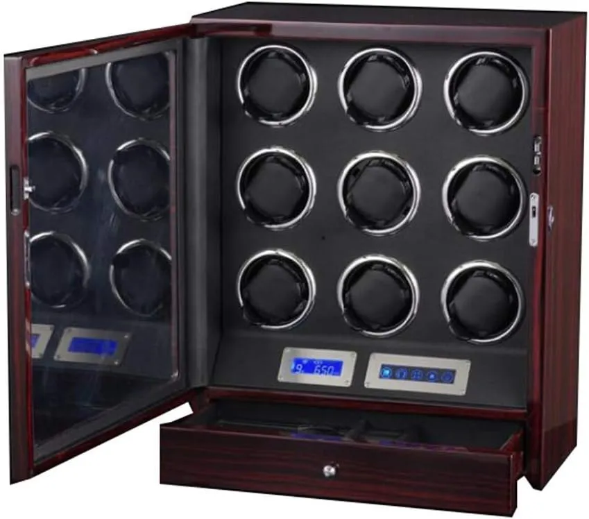 Luxury 9 Epitope Unisex Watch Winder, with LCD Display Screen and Remote Control for Watches Storage Display Case Box, Adjustable Speed Motor Wooden Box(