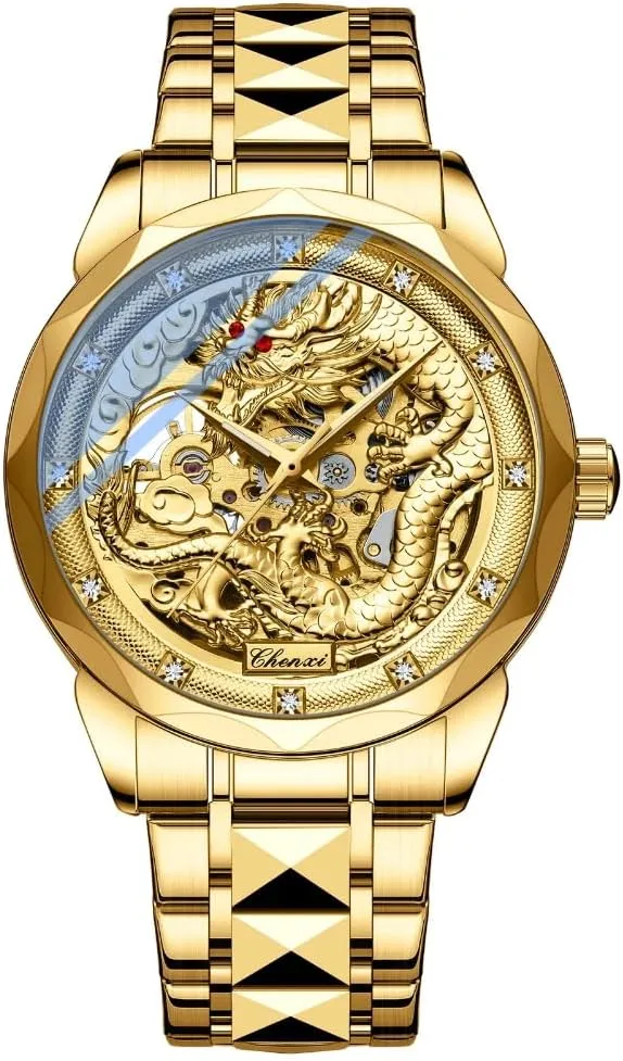Luxury Golden Skeleton Dial Automatic Mechanical Watch Chinese Nation Culture and Art 3D Embossed Dragon Pattern Watch Luminous Stainless Steel Watches for Men