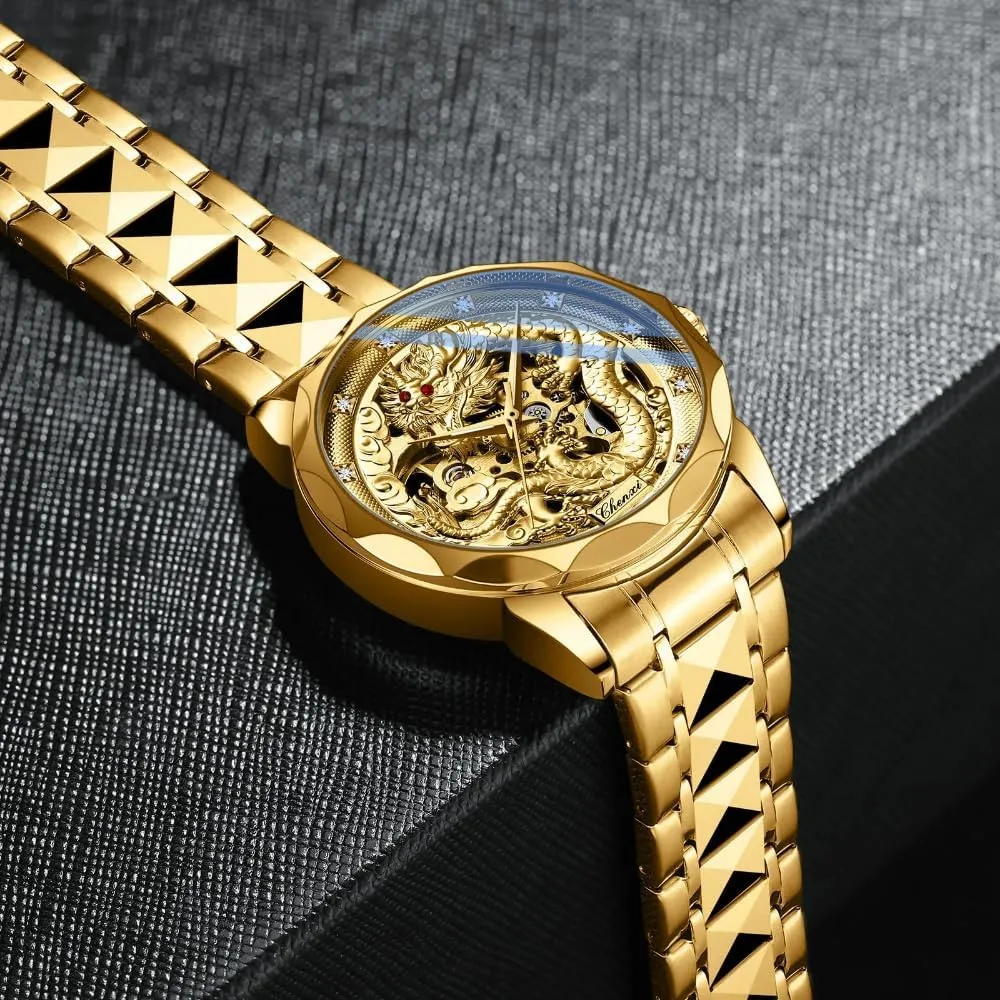 Luxury Golden Skeleton Dial Automatic Mechanical Watch Chinese Nation Culture and Art 3D Embossed Dragon Pattern Watch Luminous Stainless Steel Watches for Men