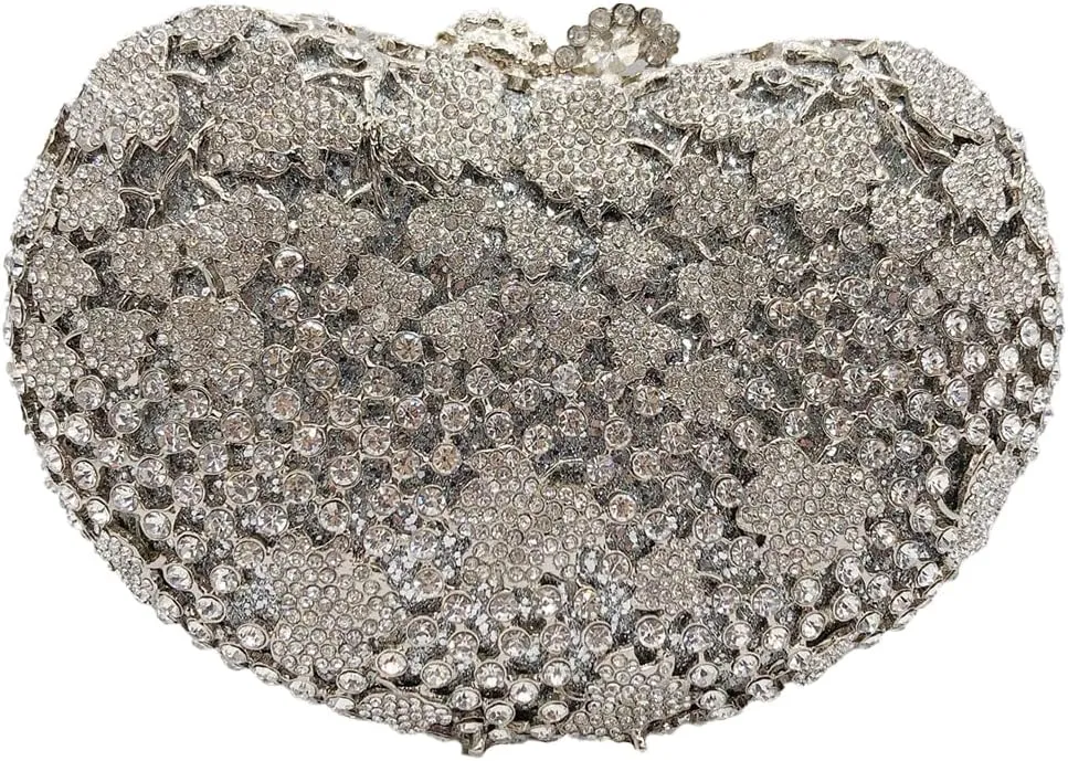 Luxury Hollow Grape Leaf Rhinestone Evening Clutch Shell Shaped Crystal Handbag Party and Wedding Purse