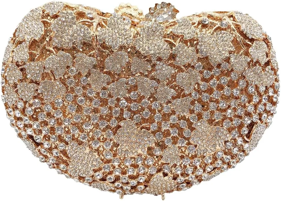 Luxury Hollow Grape Leaf Rhinestone Evening Clutch Shell Shaped Crystal Handbag Party and Wedding Purse