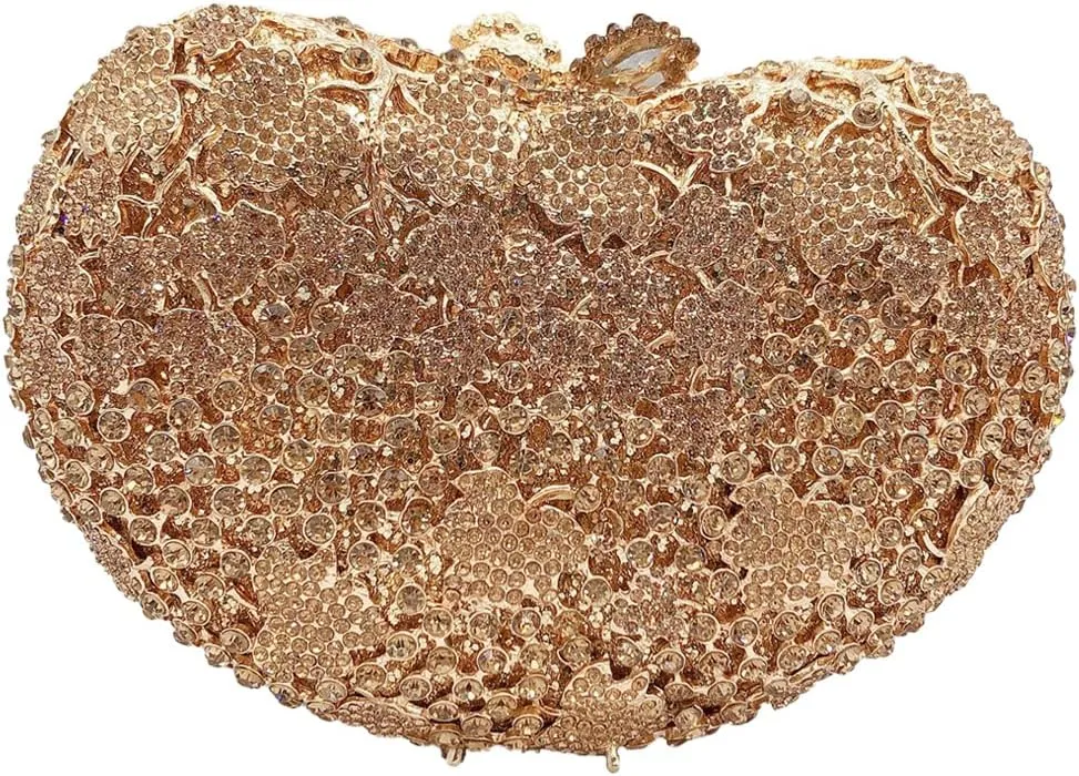 Luxury Hollow Grape Leaf Rhinestone Evening Clutch Shell Shaped Crystal Handbag Party and Wedding Purse
