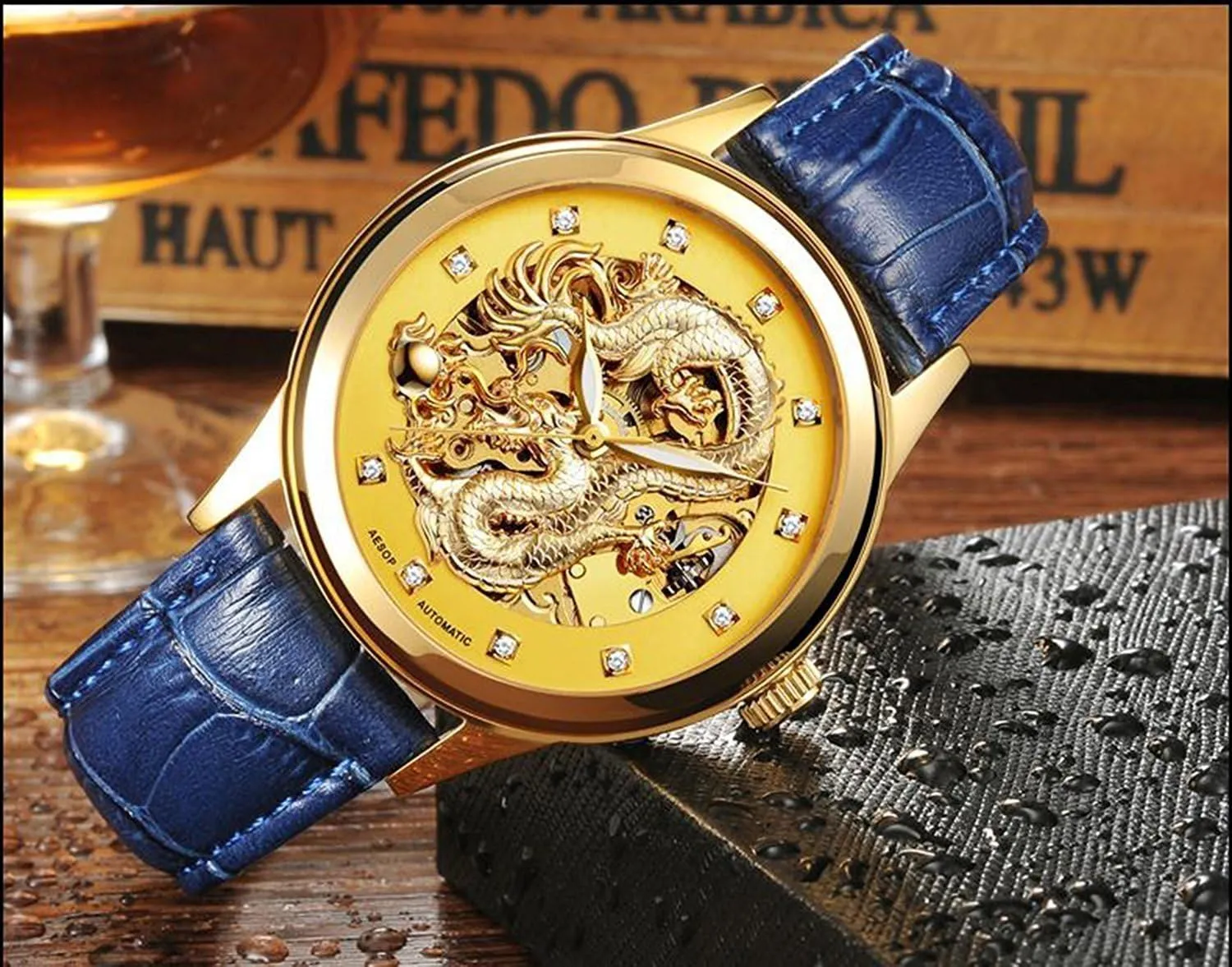 Luxury Men's Automatic Mechanical Watch Gold Dial Luminous Waterproof Skeleton Leather Strap Watches