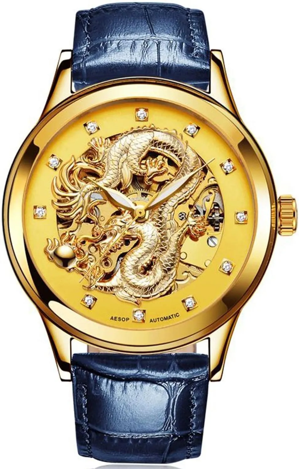 Luxury Men's Automatic Mechanical Watch Gold Dial Luminous Waterproof Skeleton Leather Strap Watches