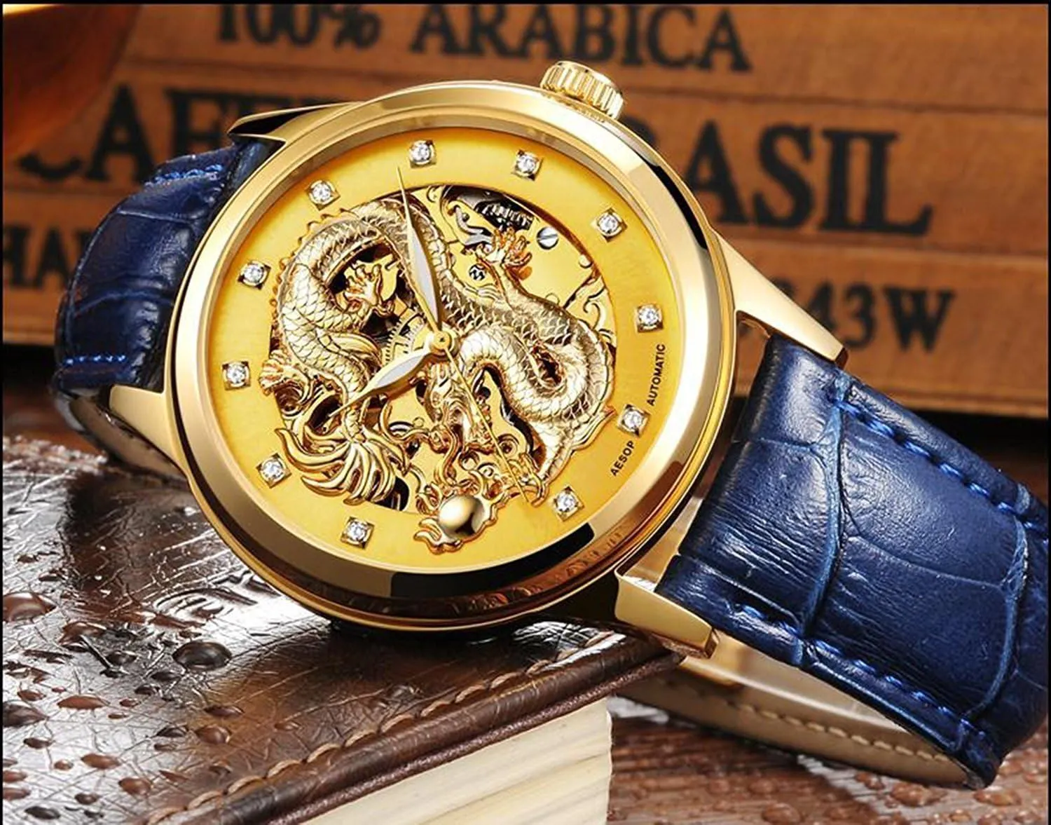 Luxury Men's Automatic Mechanical Watch Gold Dial Luminous Waterproof Skeleton Leather Strap Watches