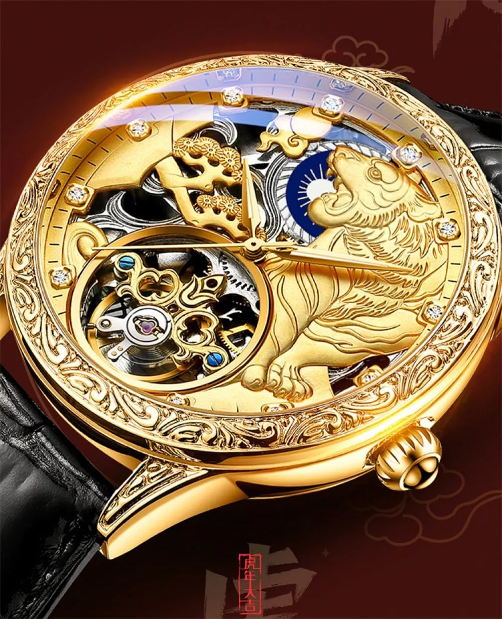 Luxury Tourbillon Mechanical Watch for Men,Gorgeous Hollow Skeleton Pattern Carved Self-Wind Automatic Watches Luminous Waterproof Vintage Leather Strap Wrist Watches
