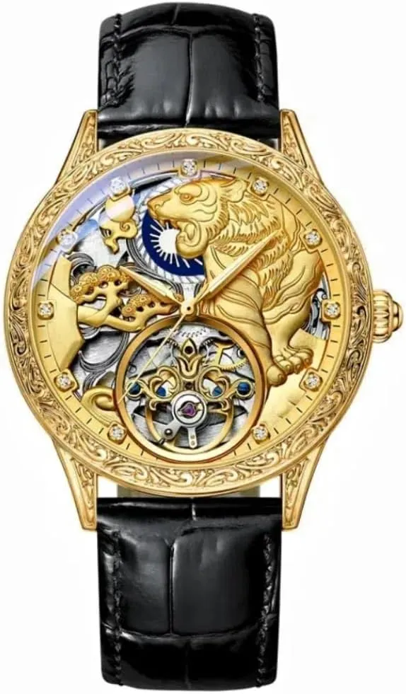 Luxury Tourbillon Mechanical Watch for Men,Gorgeous Hollow Skeleton Pattern Carved Self-Wind Automatic Watches Luminous Waterproof Vintage Leather Strap Wrist Watches