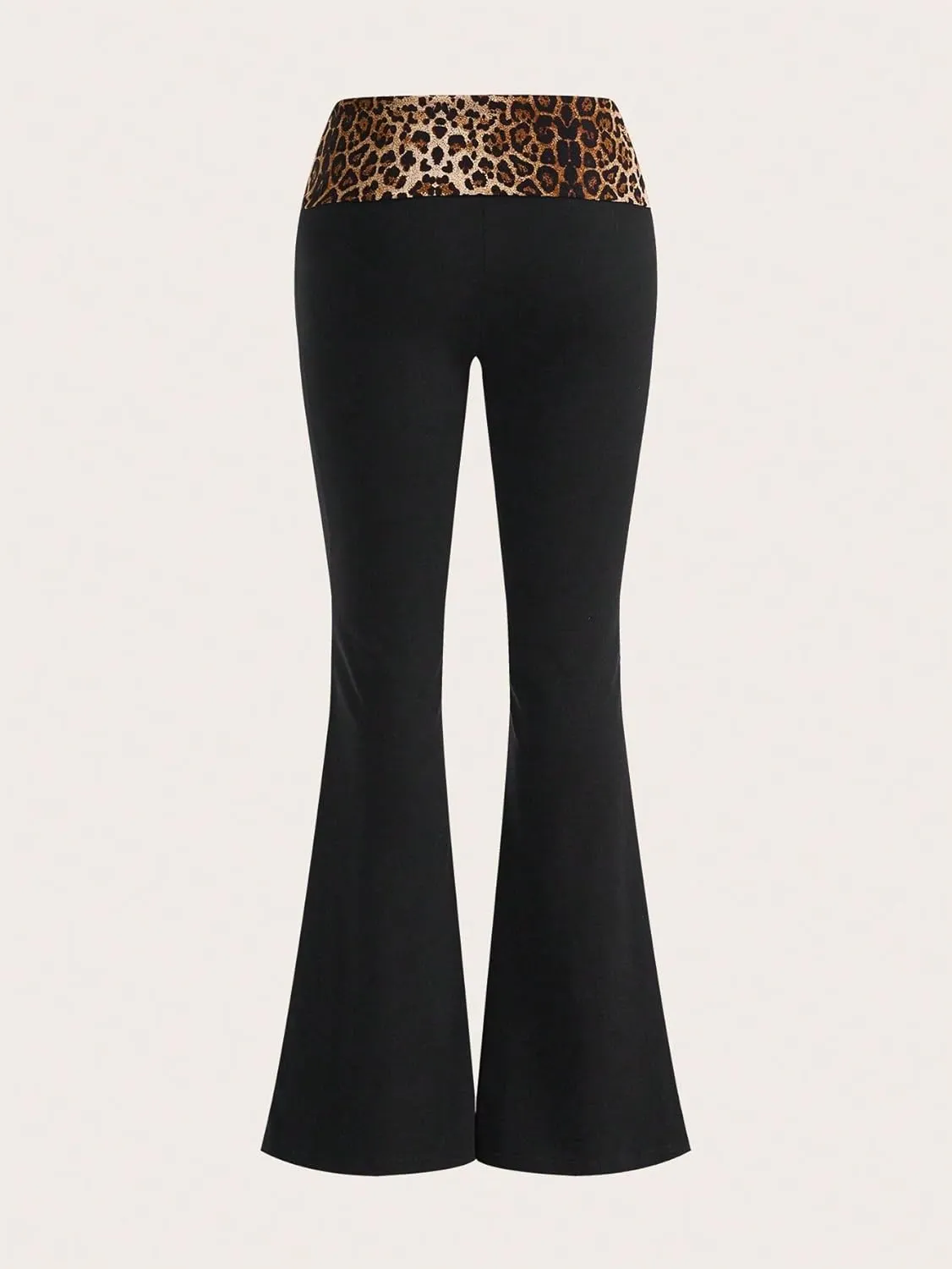 MakeMeChic Women's Flared Leg Pants Leopard Print Elastic Waist Y2K Bootcut Trousers Bell Bottoms