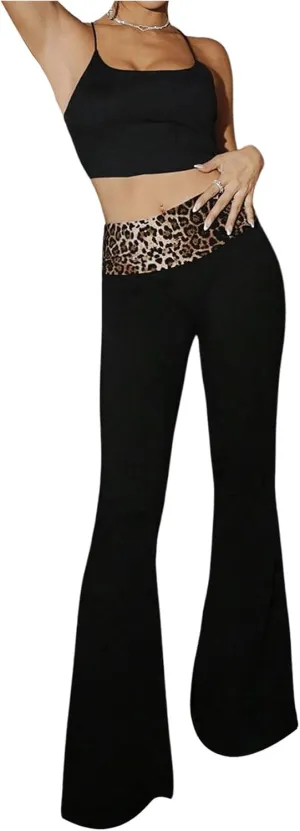 MakeMeChic Women's Flared Leg Pants Leopard Print Elastic Waist Y2K Bootcut Trousers Bell Bottoms