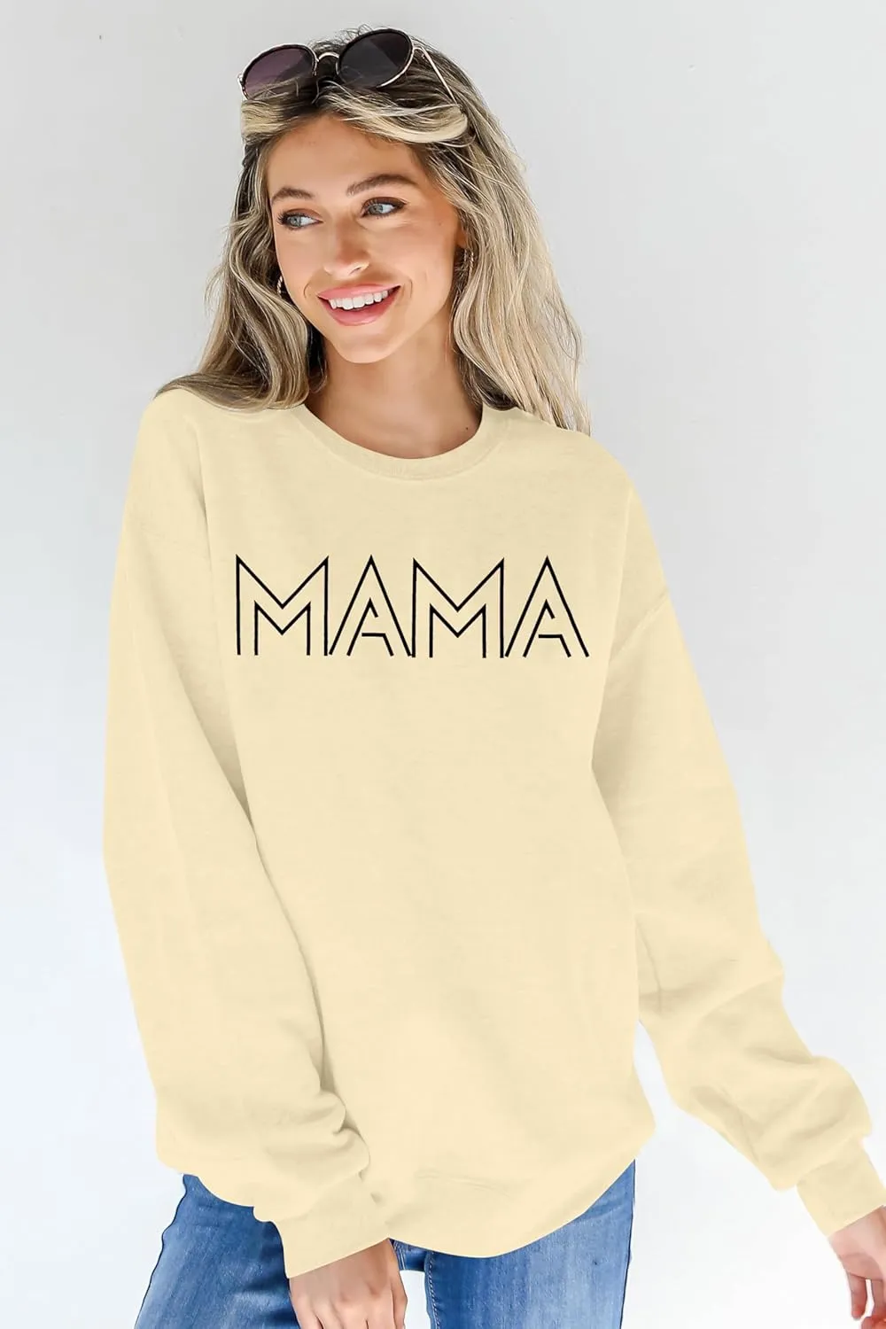 Mama Shirt Oversized Mom Sweatshirt: Women Mama Letter Print Shirts Mom Life Fall Long Sleeve Pullover Top