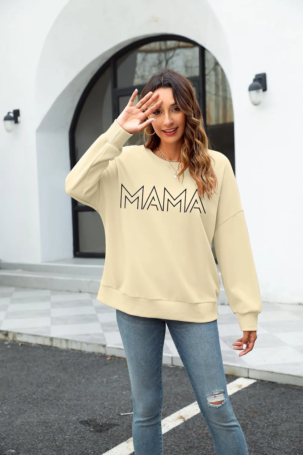 Mama Shirt Oversized Mom Sweatshirt: Women Mama Letter Print Shirts Mom Life Fall Long Sleeve Pullover Top