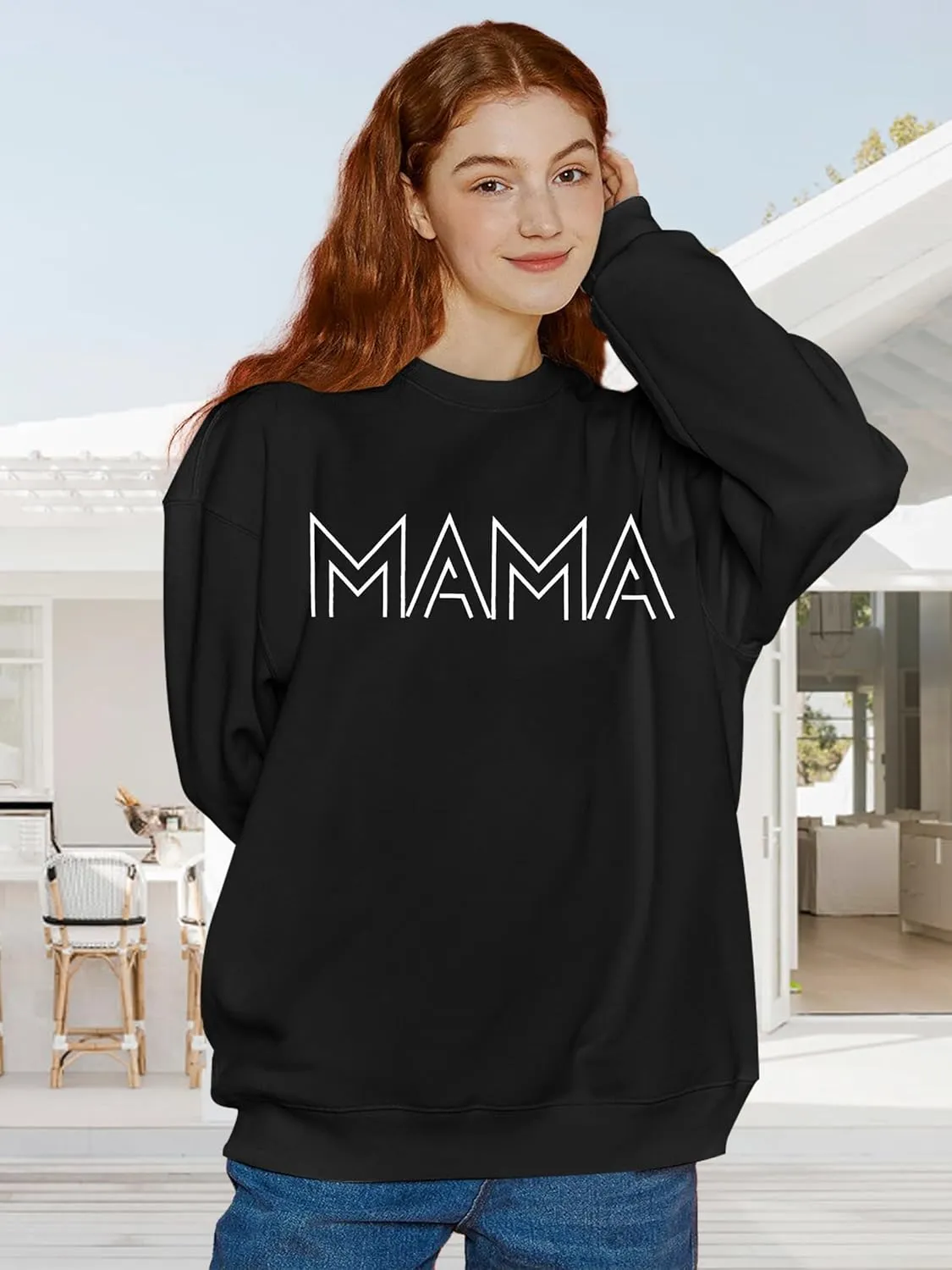 Mama Shirt Oversized Mom Sweatshirt: Women Mama Letter Print Shirts Mom Life Fall Long Sleeve Pullover Top