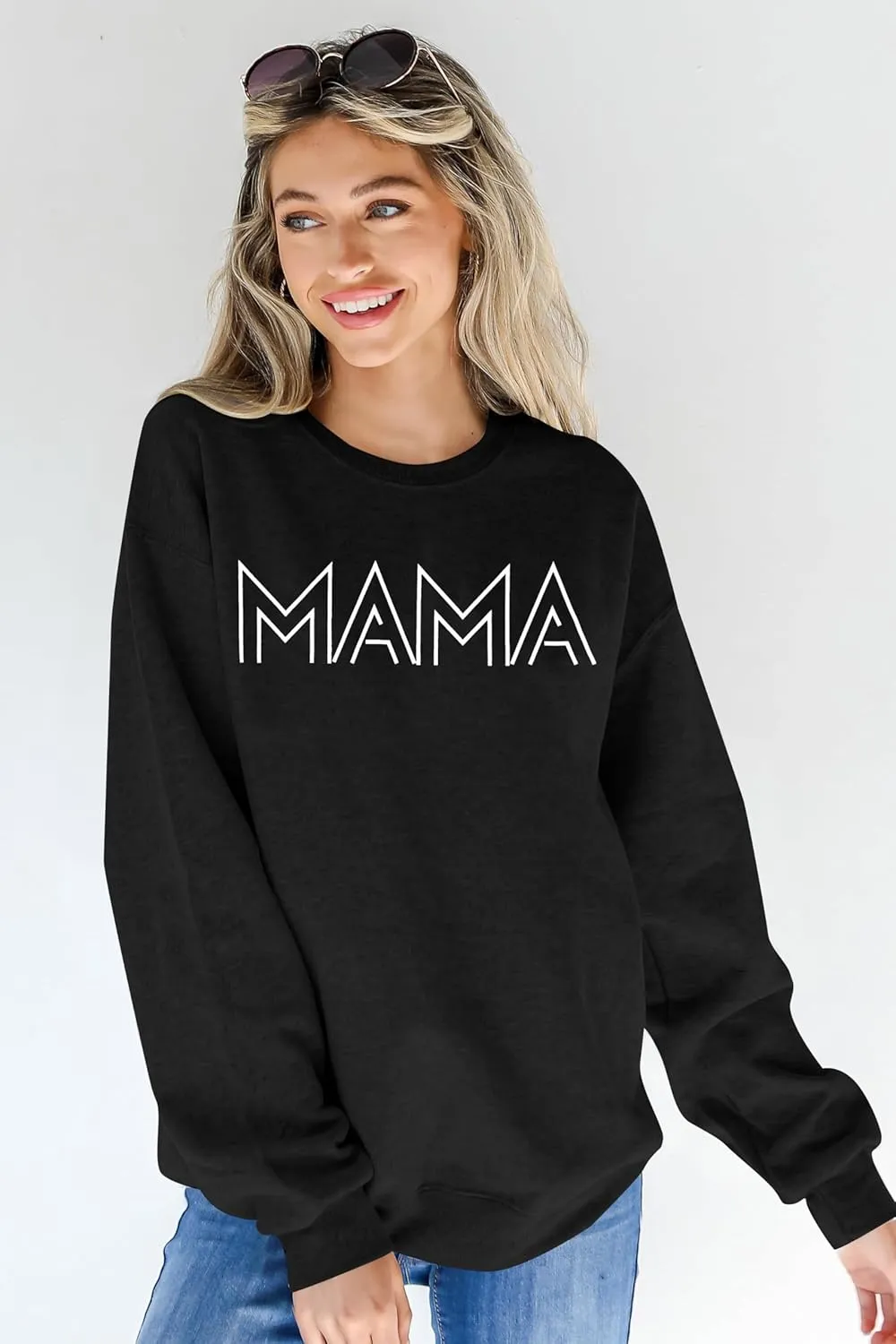 Mama Shirt Oversized Mom Sweatshirt: Women Mama Letter Print Shirts Mom Life Fall Long Sleeve Pullover Top