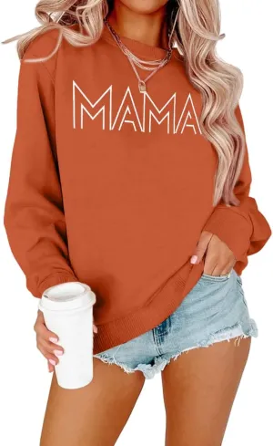 Mama Shirt Oversized Mom Sweatshirt: Women Mama Letter Print Shirts Mom Life Fall Long Sleeve Pullover Top
