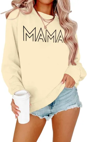 Mama Shirt Oversized Mom Sweatshirt: Women Mama Letter Print Shirts Mom Life Fall Long Sleeve Pullover Top