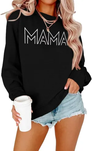 Mama Shirt Oversized Mom Sweatshirt: Women Mama Letter Print Shirts Mom Life Fall Long Sleeve Pullover Top