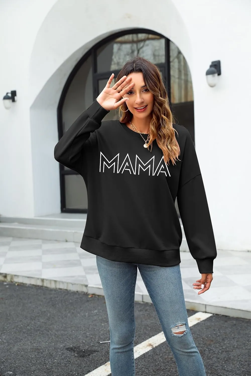 Mama Shirt Oversized Mom Sweatshirt: Women Mama Letter Print Shirts Mom Life Fall Long Sleeve Pullover Top