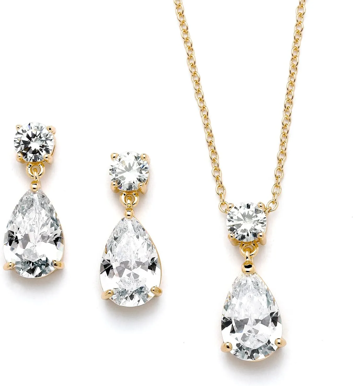 Mariell 14K Gold Plated CZ Teardrop Bridal Necklace and Earring Set for Weddings, Bridesmaids & Prom