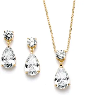 Mariell 14K Gold Plated CZ Teardrop Bridal Necklace and Earring Set for Weddings, Bridesmaids & Prom