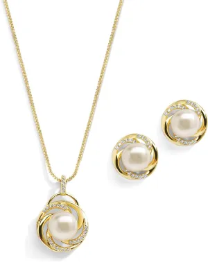 Mariell Freshwater Pearl Gold Wedding Necklace Earrings Set for Brides, Bridesmaids, Birthday Gift