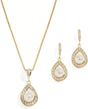 Mariell Pearl Necklace and Drop Earrings Wedding Jewelry Set for Brides, Bridesmaids, Birthday Gift