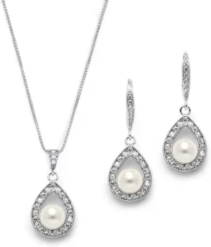 Mariell Pearl Necklace and Drop Earrings Wedding Jewelry Set for Brides, Bridesmaids, Birthday Gift
