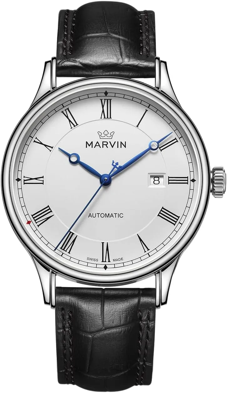marvin Automatic Watch for Men Swiss Movement Mechanical Mens Dress Watches with Black Genuine Leather Strap and 42MM Dia Round Sapphire Glass Dial,3 Blue Hands, 50M Waterproof
